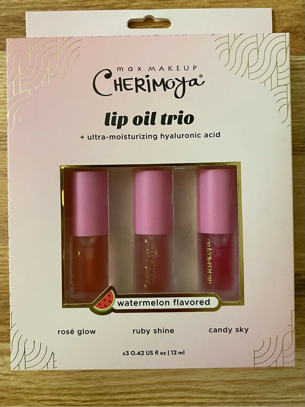 Max Makeup Lip Oil Trio - Watermelon Flavored (Rosé Glow, Ruby Shine, Candy Sky